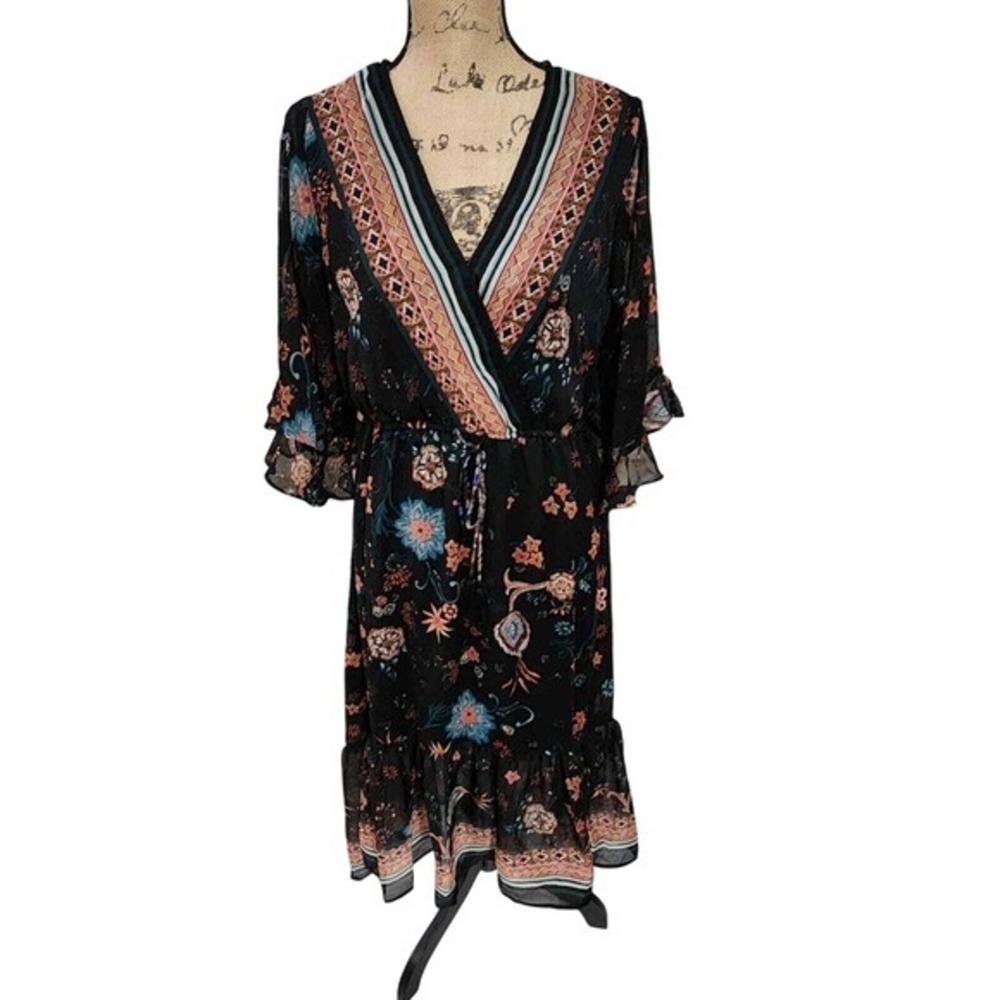 Une Ame Floral Print Midi Dress V-Neck‎ Ruffle Sleeve Tie Waist Black Size Large